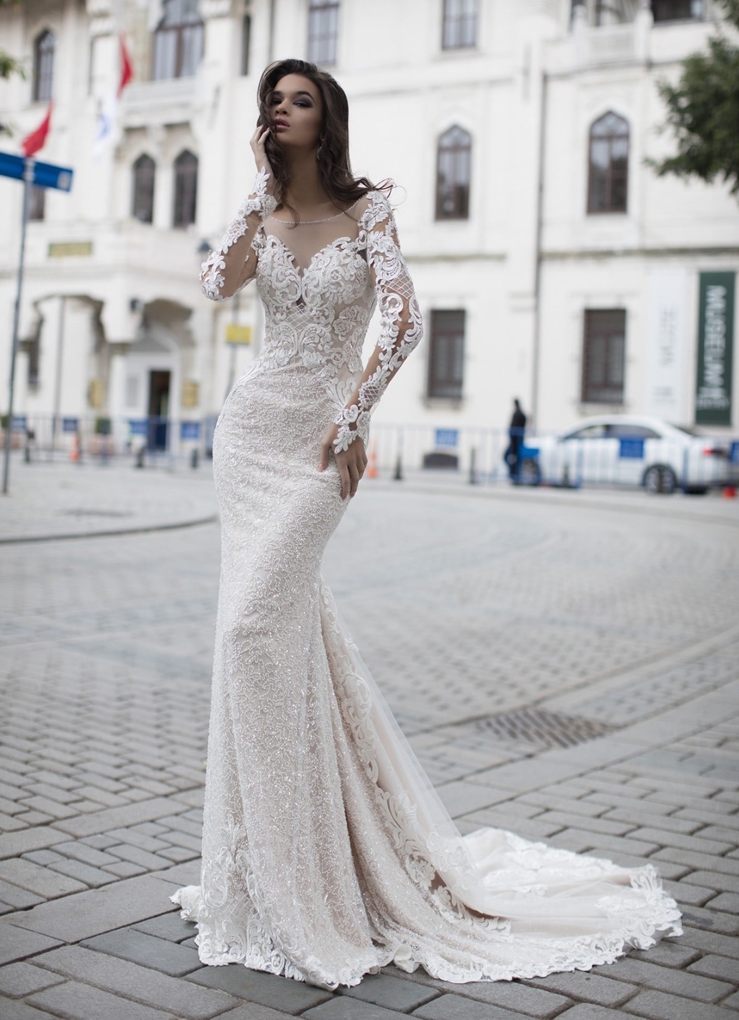 Luxus glimmer brudekjole med ærmer