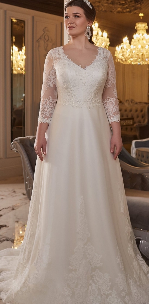 Santin brudekjole med ærmer i en stor størrelse 